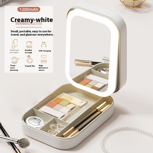 Portable Multifunctional Jewelry Makeup Box Cross-Border LED Tri-Color Mirror Folding Beauty Mirror Personalized Features Pocket
