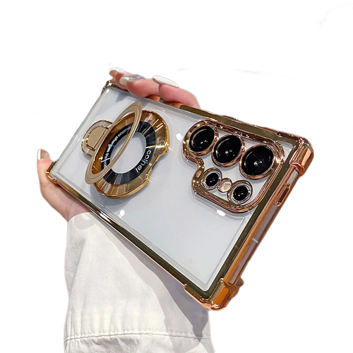 Hot Selling Anti Fall Airbag Transparent Plating PC Magnetic With Metal Holder Phone Case for Samsung S24 Ultra S23 S22 Plus S25
