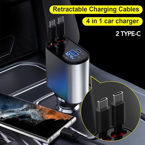 4-in -1 Multi- Charging Ports Car Fast Charger with Retractable Charging Cables and PD Charge Mobile Phone Car Charger