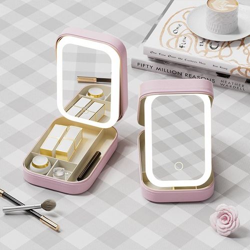 Portable Multifunctional Jewelry Makeup Box Cross-Border LED Tri-Color Mirror Folding Beauty Mirror Personalized Features Pocket