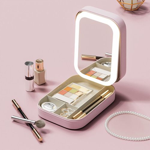 Portable Multifunctional Jewelry Makeup Box Cross-Border LED Tri-Color Mirror Folding Beauty Mirror Personalized Features Pocket