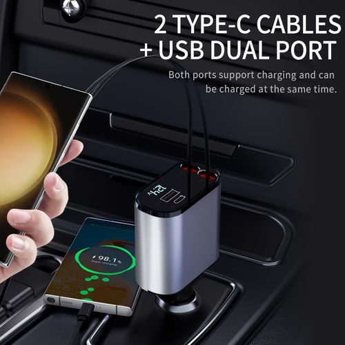 4-in -1 Multi- Charging Ports Car Fast Charger with Retractable Charging Cables and PD Charge Mobile Phone Car Charger