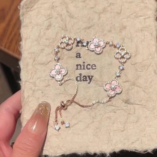 Pink Flower 18K Gold Plated Stainless Steel Bracelet Versatile Fashionable Bracelet