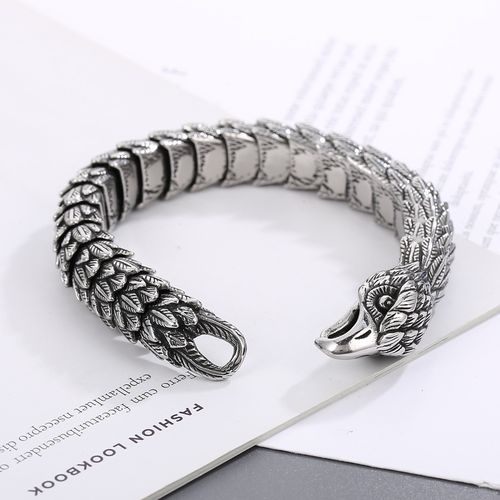 KALEN 220mm Men Punk Oxidized Black-Silver Stainless Steel Links Bracelet With Hawk Head Clasp