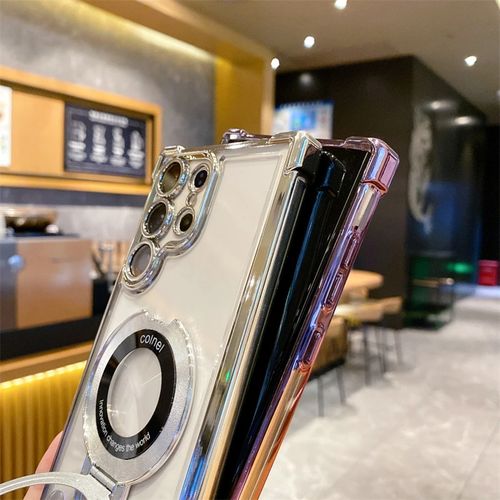 Hot Selling Anti Fall Airbag Transparent Plating PC Magnetic With Metal Holder Phone Case for Samsung S24 Ultra S23 S22 Plus S25