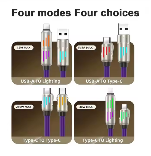 LED Breathing Light Indicator 4-in-1 Mobile Phone Charging Cable USB TYPE-C Suitable Soft Silicone Material Fast Charging Cable