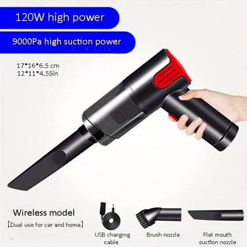 USB rechargeable wireless red car vacuum cleaner, portable mini desktop handheld vacuum cleaner made of plastic material, suitable for home use.