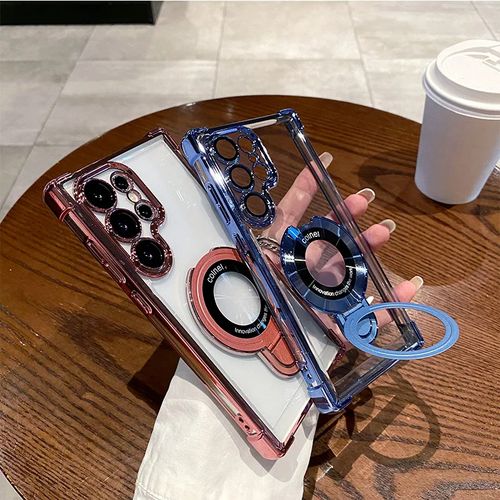 Hot Selling Anti Fall Airbag Transparent Plating PC Magnetic With Metal Holder Phone Case for Samsung S24 Ultra S23 S22 Plus S25