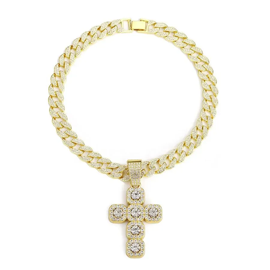 New 15mm Width Cuban Chain With Alloy and Rhinestone Hip Hop Big Cross Pendant Necklace
