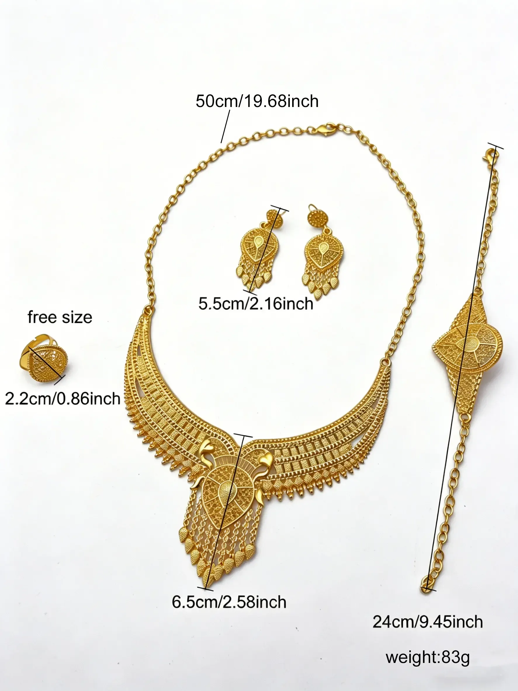 Conjunto de Joias Dourada 4 Peças Luxo Noiva Angolana, Revestimento Ouro 24K, Colar Gargantilha Brinco Anel Pulseira para Casamento, Entrega em Casa Luanda