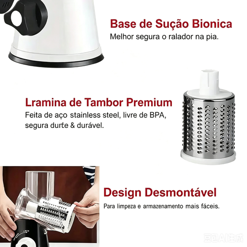 Ralador de Manivela 3 Lâminas Aço 430 Sem BPA, Desmontável com Base de Sucção Antiderrapante para Legumes, Queijo e Amendoim | Entrega em Casa em Toda Luanda
