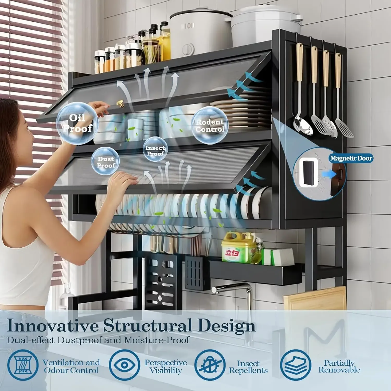 2-Tier Dustproof Over-the-Sink Dish Drying Rack with Flip Doors
