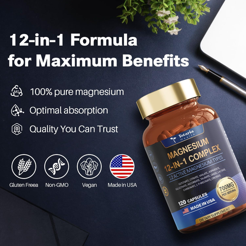 12-in-1 Magnesium Glycinate Complex - 700mg Ultra-Absorbable for Muscle Recovery & Heart Health, Vegan Capsules (120 servings)🌱⏳