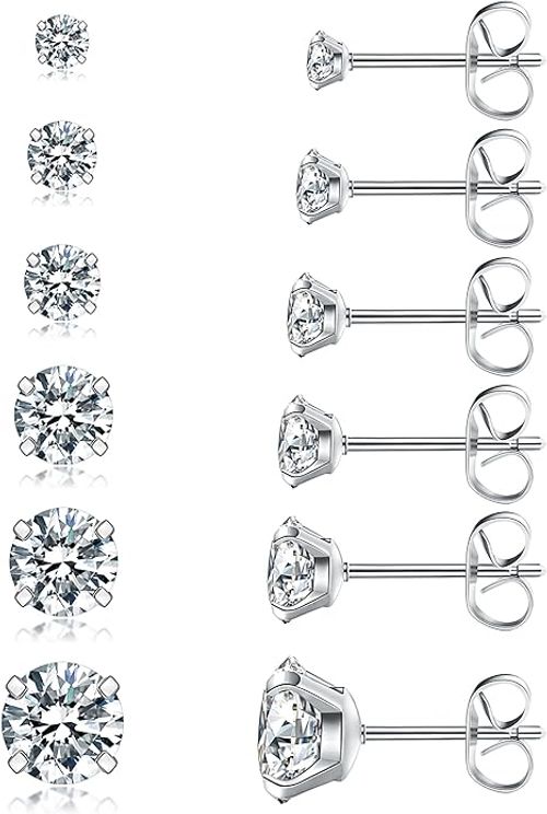 6 Pairs Stud Earrings Set, Hypoallergenic Cubic Zirconia 316L Earrings Stainless Steel CZ Earrings 3-8mm (Steel color)