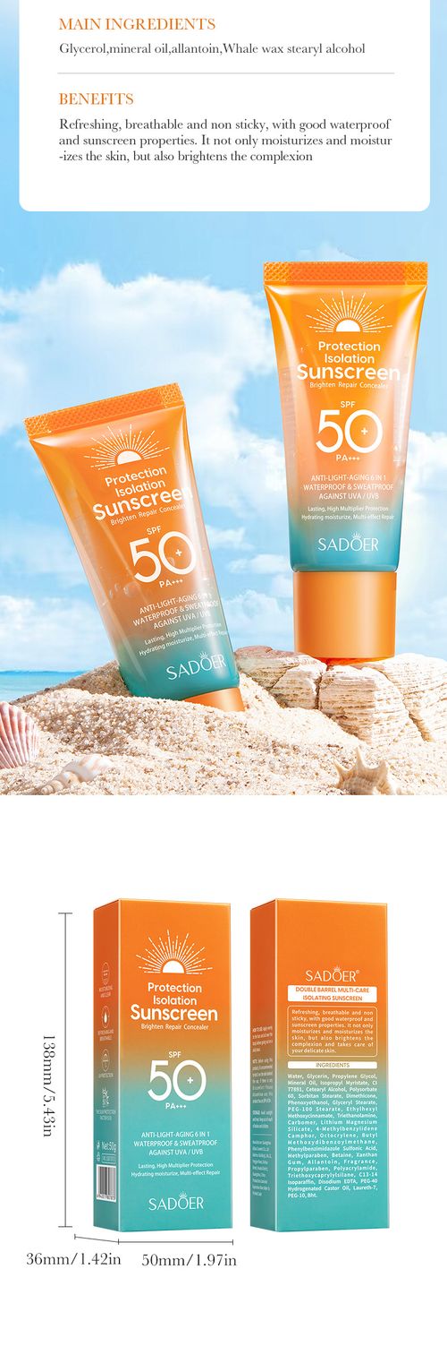 SADOER SPF50+ PA+++ Protection Isolation Sunscreen, 6 in 1 Anti Light-Aging Waterproof Sweatproof Brightening Sun Cream