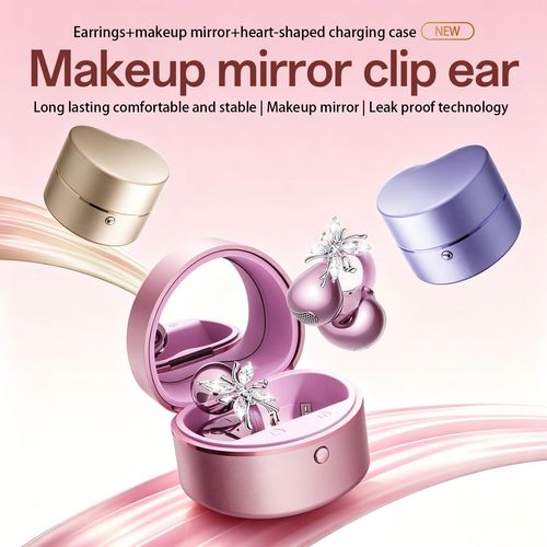 2026 New Open-Ear Bluetooth Earphones, Ultra Long Battery Life, Heart-shaped Ear Caps with Makeup Mirror