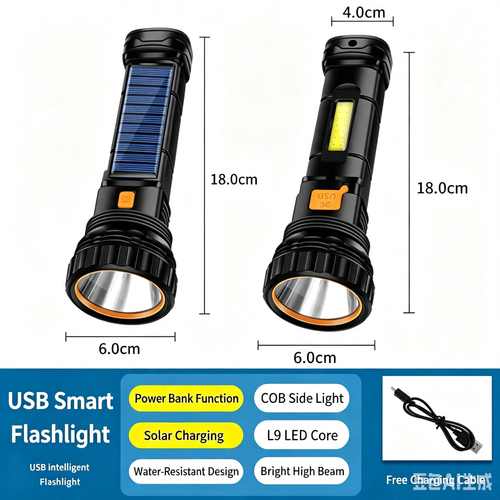 Solar Powered Flashlight, Super Bright High Beam, Outdoor Long Range, Long Lasting Battery, Rechargeable Portable Focus Torch