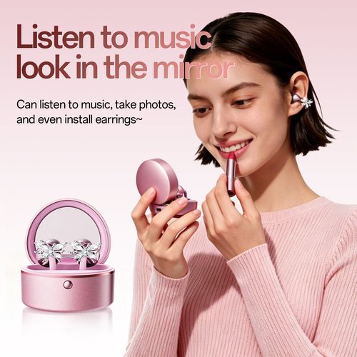 2026 New Open-Ear Bluetooth Earphones, Ultra Long Battery Life, Heart-shaped Ear Caps with Makeup Mirror