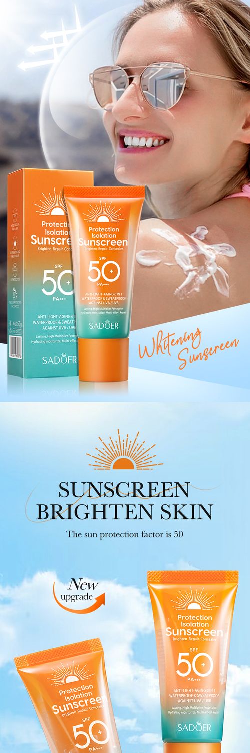 SADOER SPF50+ PA+++ Protection Isolation Sunscreen, 6 in 1 Anti Light-Aging Waterproof Sweatproof Brightening Sun Cream