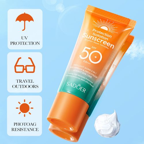 SADOER SPF50+ PA+++ Protection Isolation Sunscreen, 6 in 1 Anti Light-Aging Waterproof Sweatproof Brightening Sun Cream