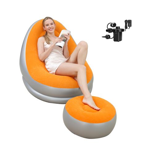 Portable Inflatable Sofa Ottoman Set with Electric Pump, Waterproof Flocked Inflatable Air Sofa