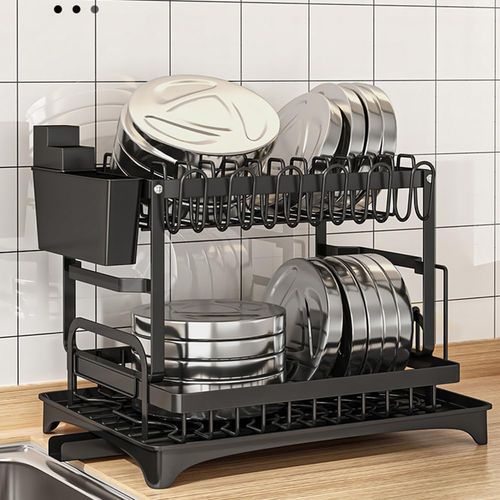 2-tier Dish Drying Rack, Detachable Dish Organizer with Drainboard