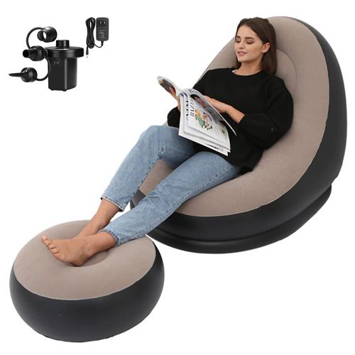 Portable Inflatable Sofa Ottoman Set with Electric Pump, Waterproof Flocked Inflatable Air Sofa