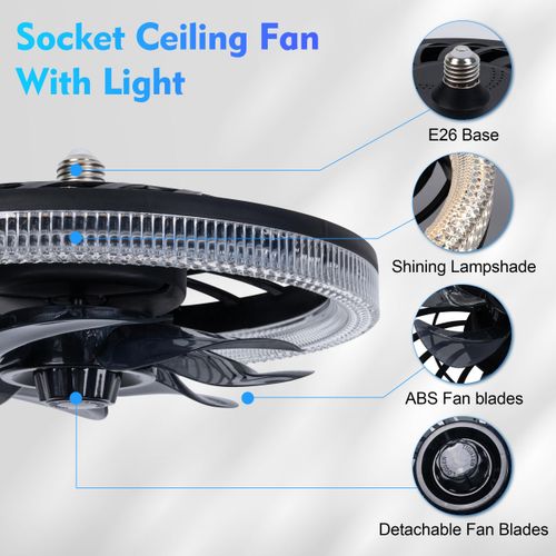 Socket Ceiling Fans with Lights, Dimmable Fan Light with Remote Control
