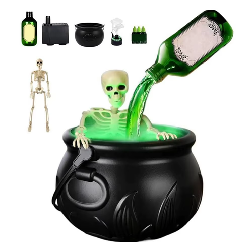 A Cauldron With A Floating Bottle And A Skeleton.