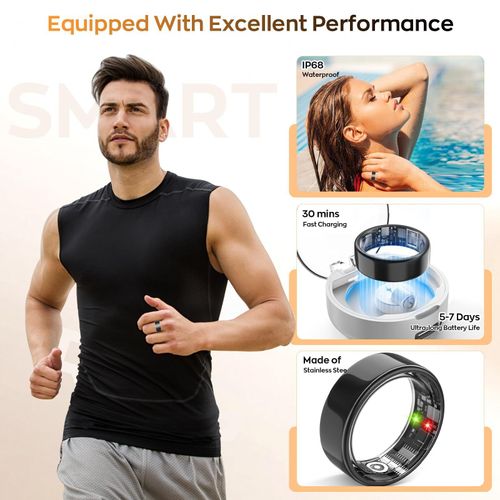 8in Smart Health Ring, IP68 Waterproof Smart Ring with Fitness Tracker, Heart Monitor