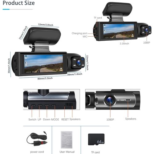 Front & Inside Dash Camera for Car with 32GB Memory Card