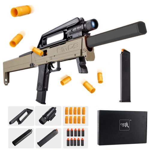 FMG9 SMG Folding Gun, Shell Ejecting Soft Bullet Toy Guns & Darts Set for Kids (Brown)