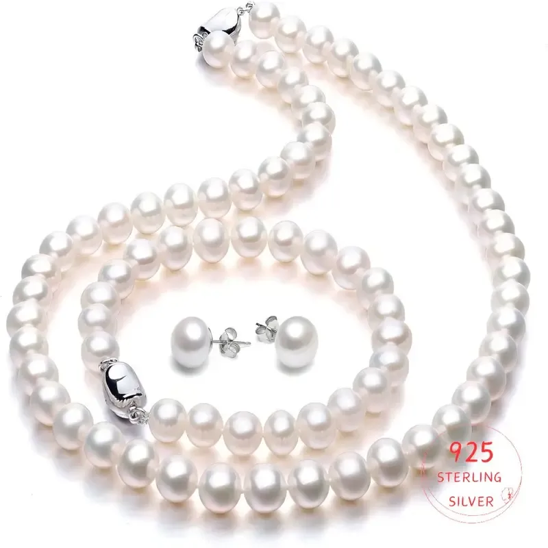 Elegant Pearl Necklace:Set 8-9mm Pearls Necklace with Earring & Bracelet