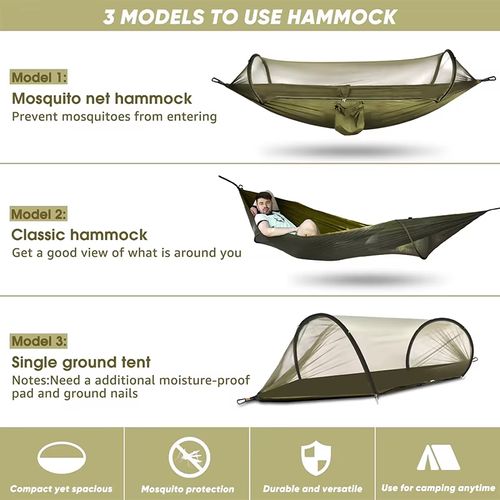 Large Outdoor Mosquito Net Hammock, 3-in-1 Waterproof Camping Hammock