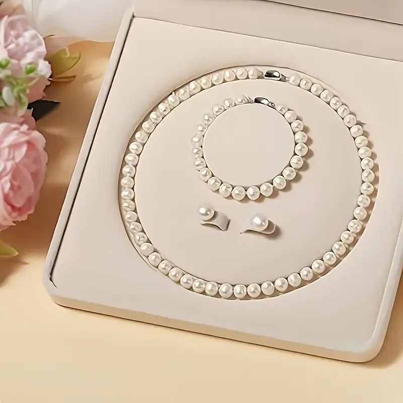Elegant Pearl Necklace:Set 8-9mm Pearls Necklace with Earring & Bracelet
