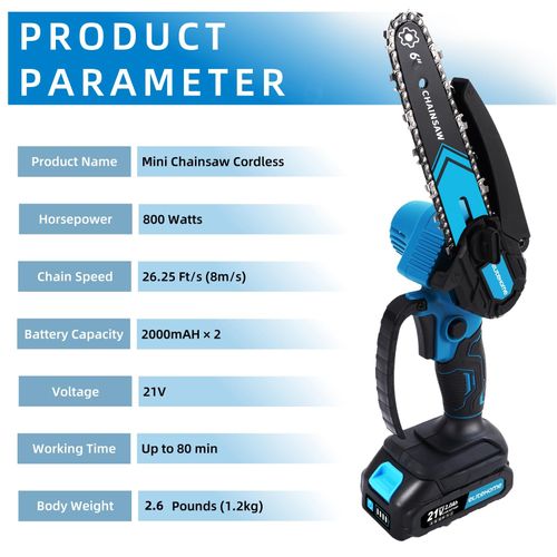 6 Inch Cordless Mini Chainsaw, Battery Powered Handheld Chainsaw with 2 Chains