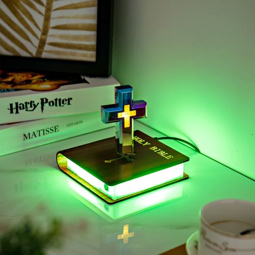 Christian Magnetic Levitation Floating Cross Night Light with Bible Book Base