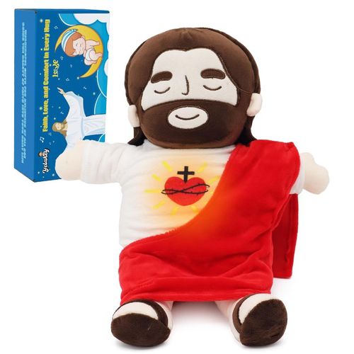 Jesus Plush Breathing with Glow&Songs, Soothing Jesus Stuffed Doll Heart