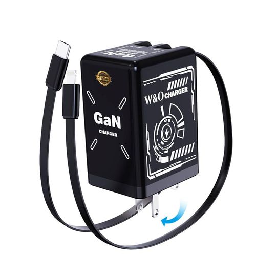 W & O 45W GaN Retractable Fast Charger (Lightning & Type-C Cables)