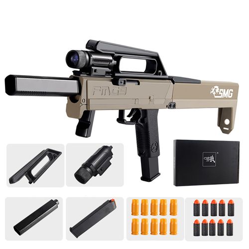 FMG9 SMG Folding Gun, Shell Ejecting Soft Bullet Toy Guns & Darts Set for Kids (Brown)