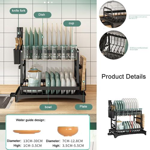 2-tier Dish Drying Rack, Detachable Dish Organizer with Drainboard