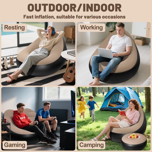 Portable Inflatable Sofa Ottoman Set with Electric Pump, Waterproof Flocked Inflatable Air Sofa