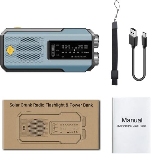 Hand-Crank Solar Emergency Radio with 2000mAh Power Bank LED Light
