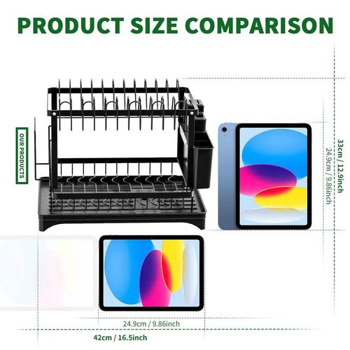 2-tier Dish Drying Rack, Detachable Dish Organizer with Drainboard