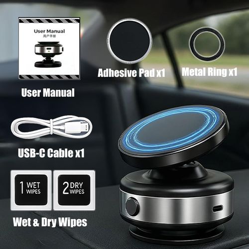 Strong Magnets Car Phone Mount with Wireless Charger  & Metal Ring, 360° Adjustable Phone Holder
