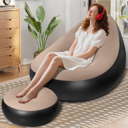 Portable Inflatable Sofa Ottoman Set with Electric Pump, Waterproof Flocked Inflatable Air Sofa