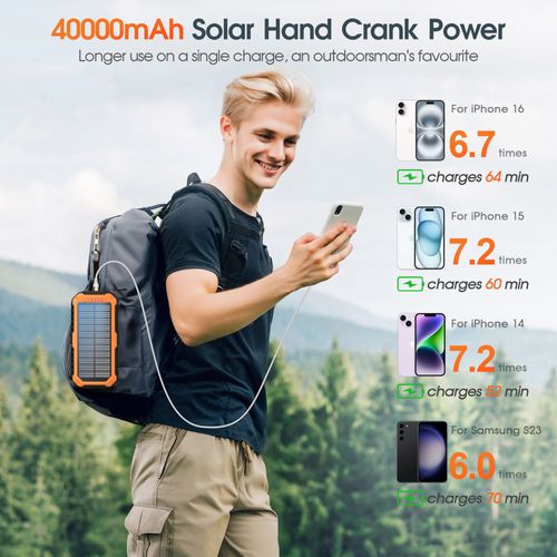 40,000mAh Solar Power Bank with Hand Crank, Built-in 4 Cables, Compass & Level, LED Flashlight - Portable Charger for Camping