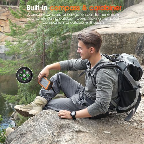 40,000mAh Solar Power Bank with Hand Crank, Built-in 4 Cables, Compass & Level, LED Flashlight - Portable Charger for Camping