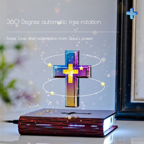 Christian Magnetic Levitation Floating Cross Night Light with Bible Book Base