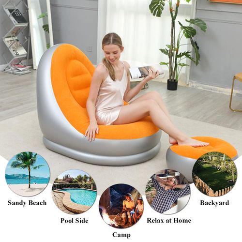 Portable Inflatable Sofa Ottoman Set with Electric Pump, Waterproof Flocked Inflatable Air Sofa
